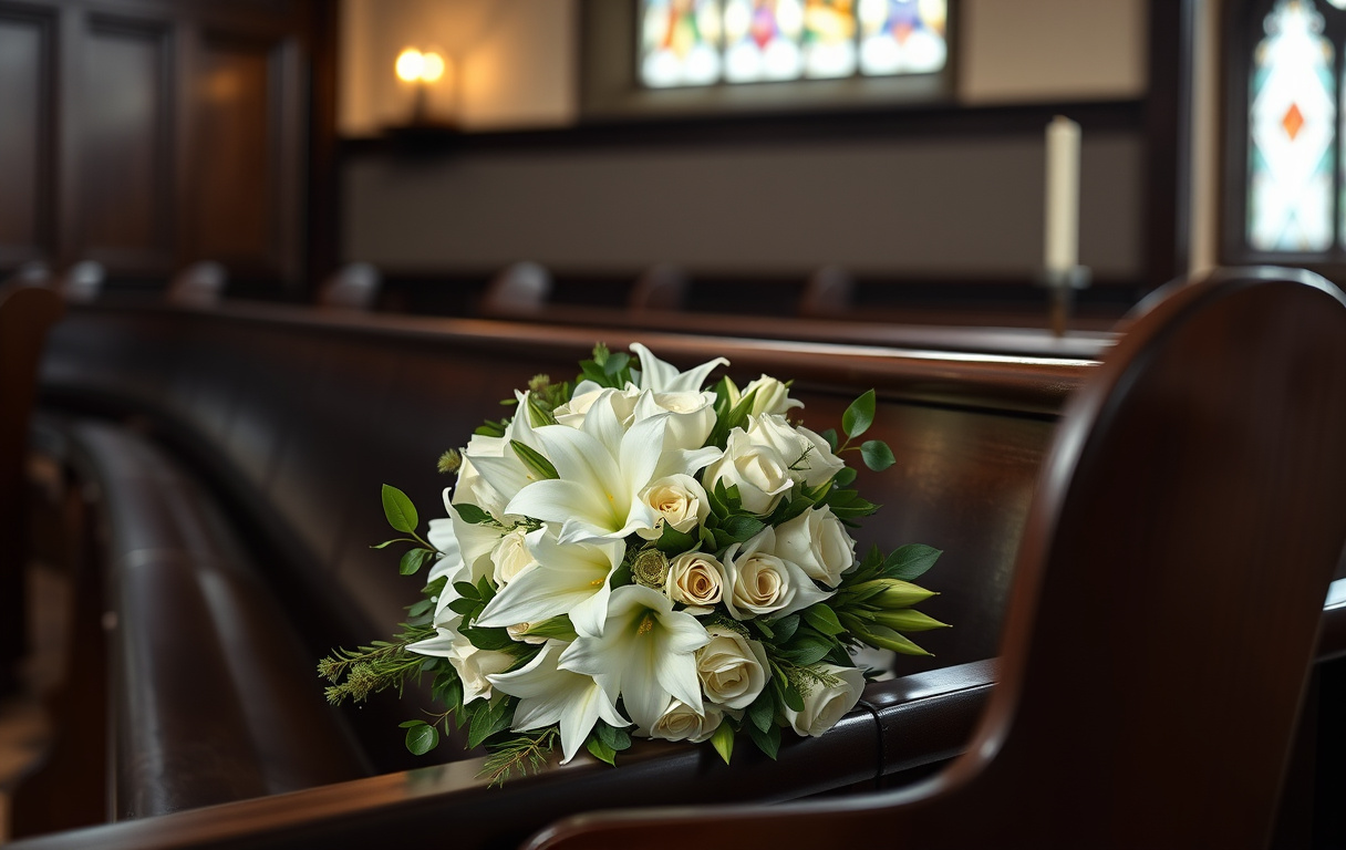 Handbunden begravningsbukett i vitt med liljor, rosor och eukalyptus på en kyrkbänk vid ett stearinljus.