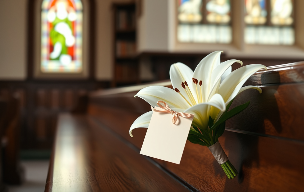 En vit liljebukett med ett elegant krämfärgat kort fäst med ett tunt band, placerad på en träbänk i en kyrka med mjukt ljus från ett glasmåleri.