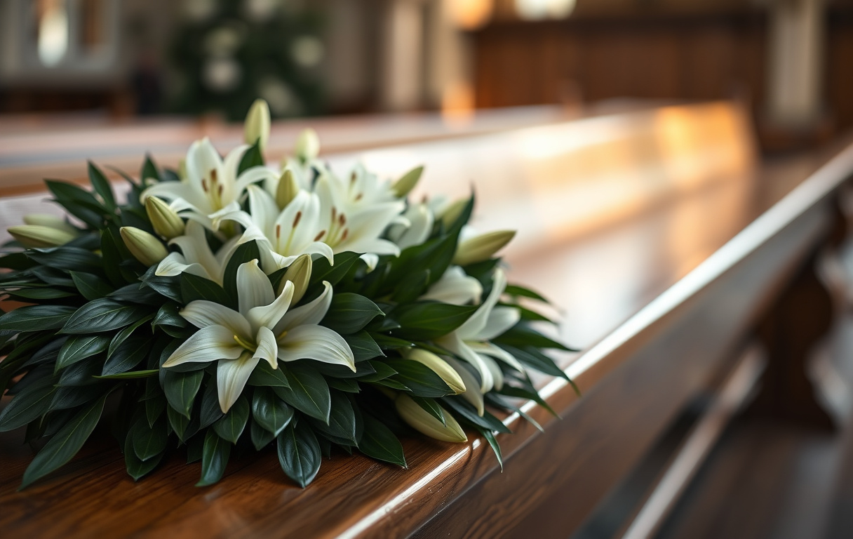 Närbild på en traditionell begravningskrans i mörkgrönt bladverk och vita liljor placerad på en träbänk i en kyrka.