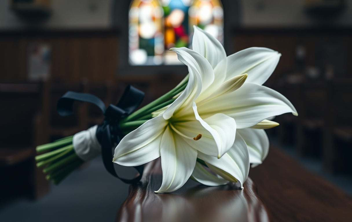 Närbild på ett svart sorgband knutet runt en bukett vita liljor, placerad på en kyrkbänk med mjukt ljus från ett glasfönster.