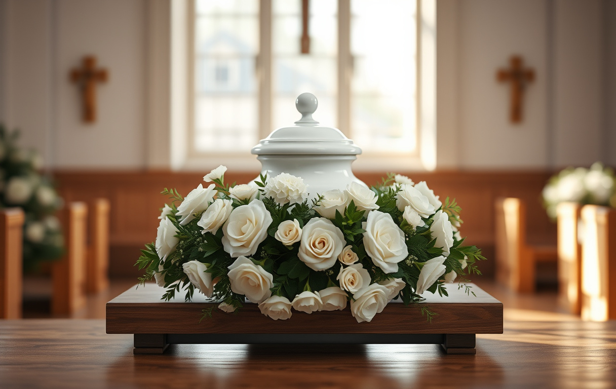 Urn smyckad med en vit blomsterkrans och girlang i ett kapell, med mjukt ljus och en stillsam stämning.