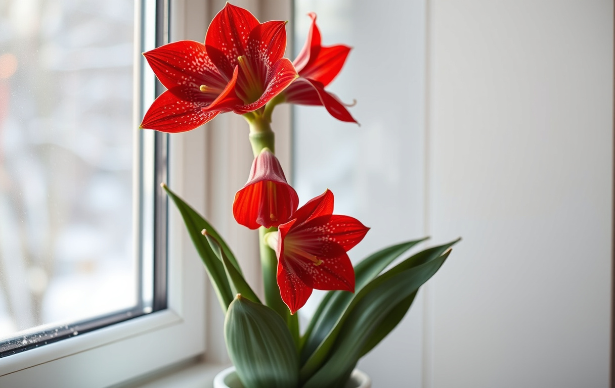 Närbild av en blommande Amaryllis Minerva i vit kruka på en vinterfönsterbräda med röd-vita fläckiga blommor och mörkgröna blad.