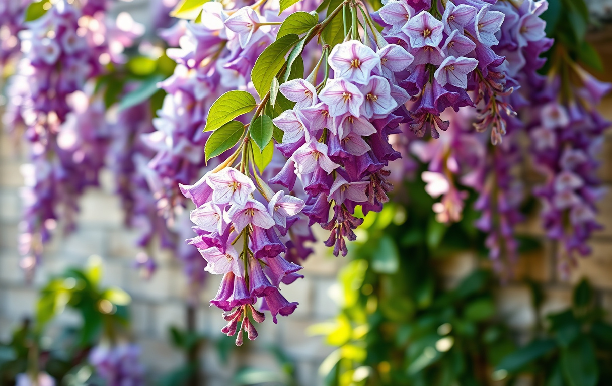 Närbild av blommande blåregn med hängande lila klasar mot en solbelyst vägg