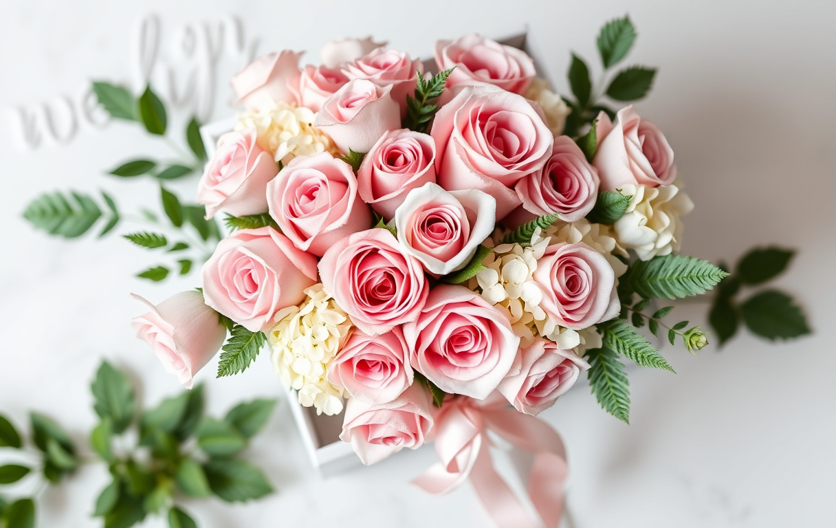 En vit blombox med pastellrosa rosor, vita hortensior och grönt bladverk, fotograferad uppifrån.