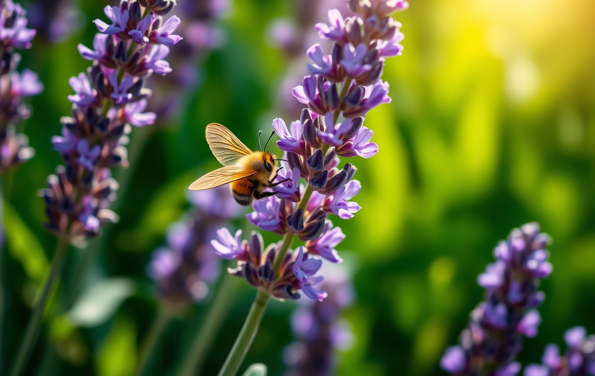 Närbild på lavendel i blom med en humla och en fjäril som landar på de lila blommorna.
