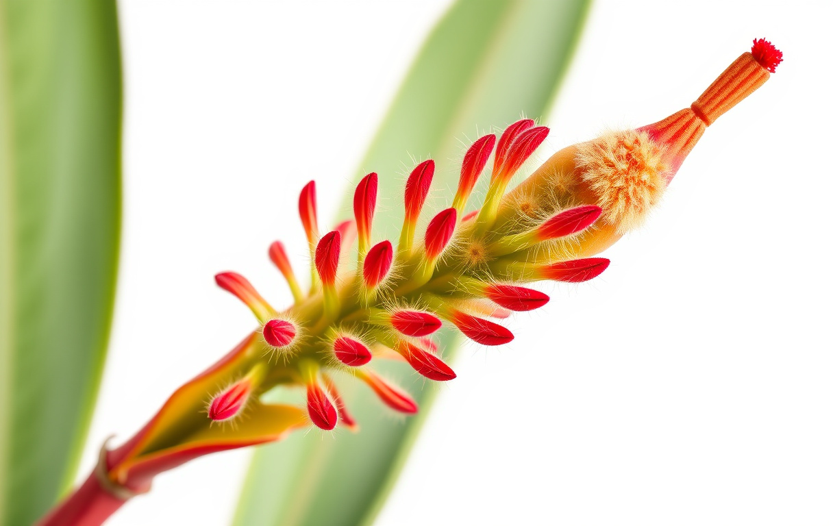Närbild av en blommande Kangaroo Paw med rött och grönt fjunigt blommor på vit bakgrund.