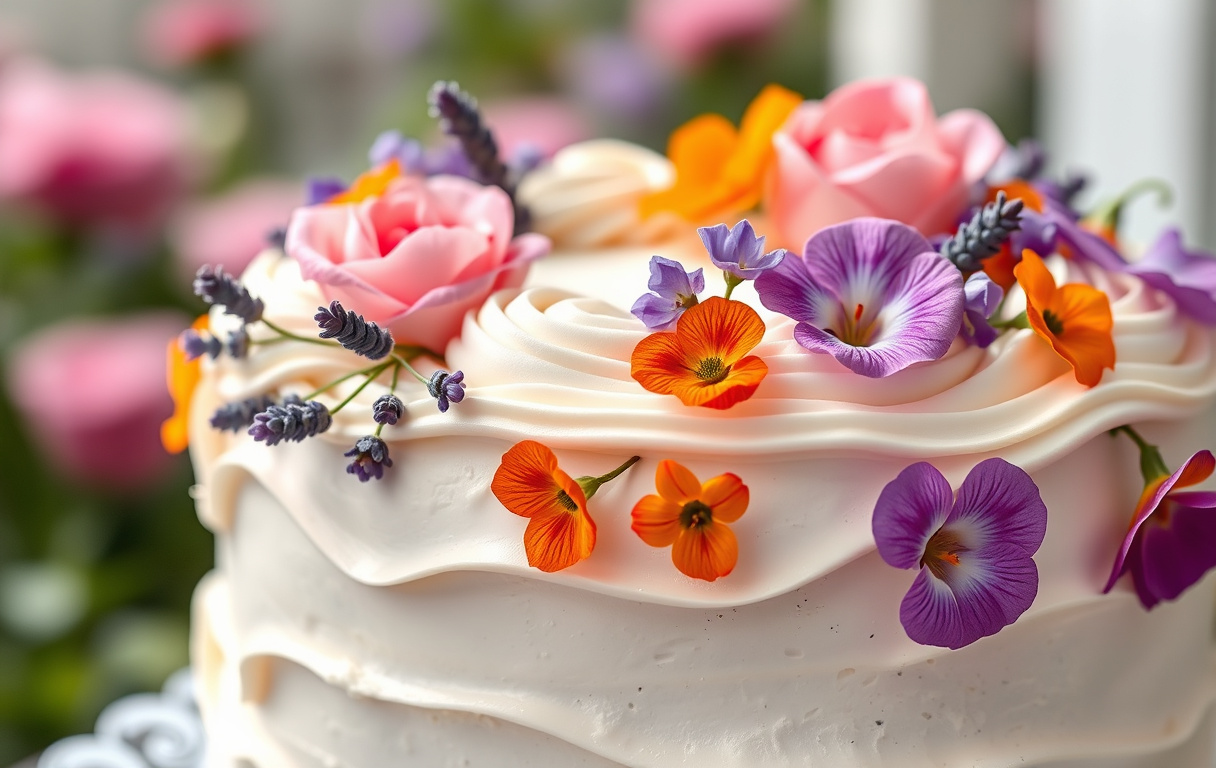 Närbild på en vit tårta dekorerad med ätbara blommor som ros, lavendel och krasse, med mjukt ljus och suddig trädgård i bakgrunden