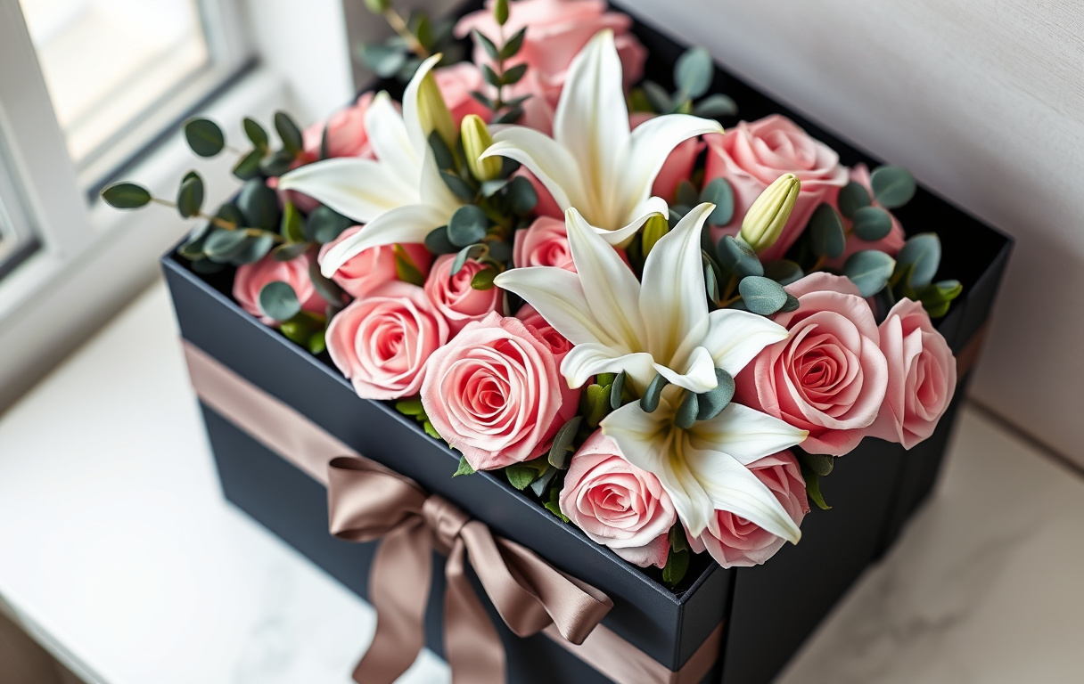 Elegant blomsterbox med rosa rosor, vita liljor och eucalyptus i en svart ask med sidenband