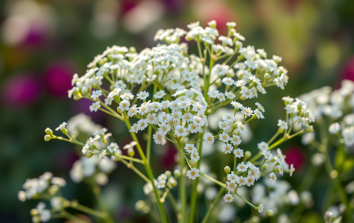 Närbild på brudslöjas vita, luftiga blommor i en trädgård