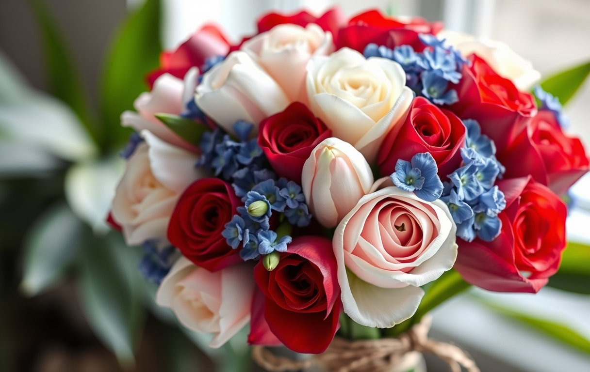 Närbild på en bukett med röda, vita och blå blommor, inklusive rosor och tulpaner, bundna med ett rustikt band