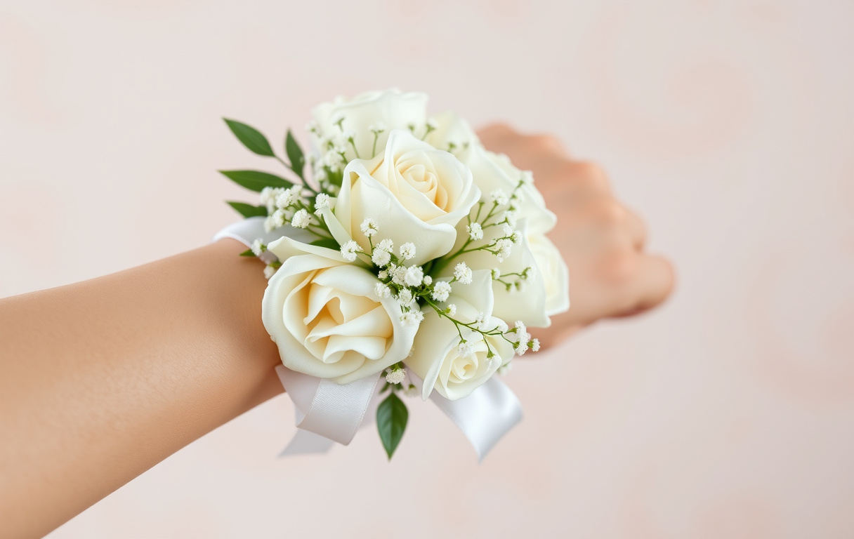 Elegant handledscorsage med vita rosor och baby's breath.