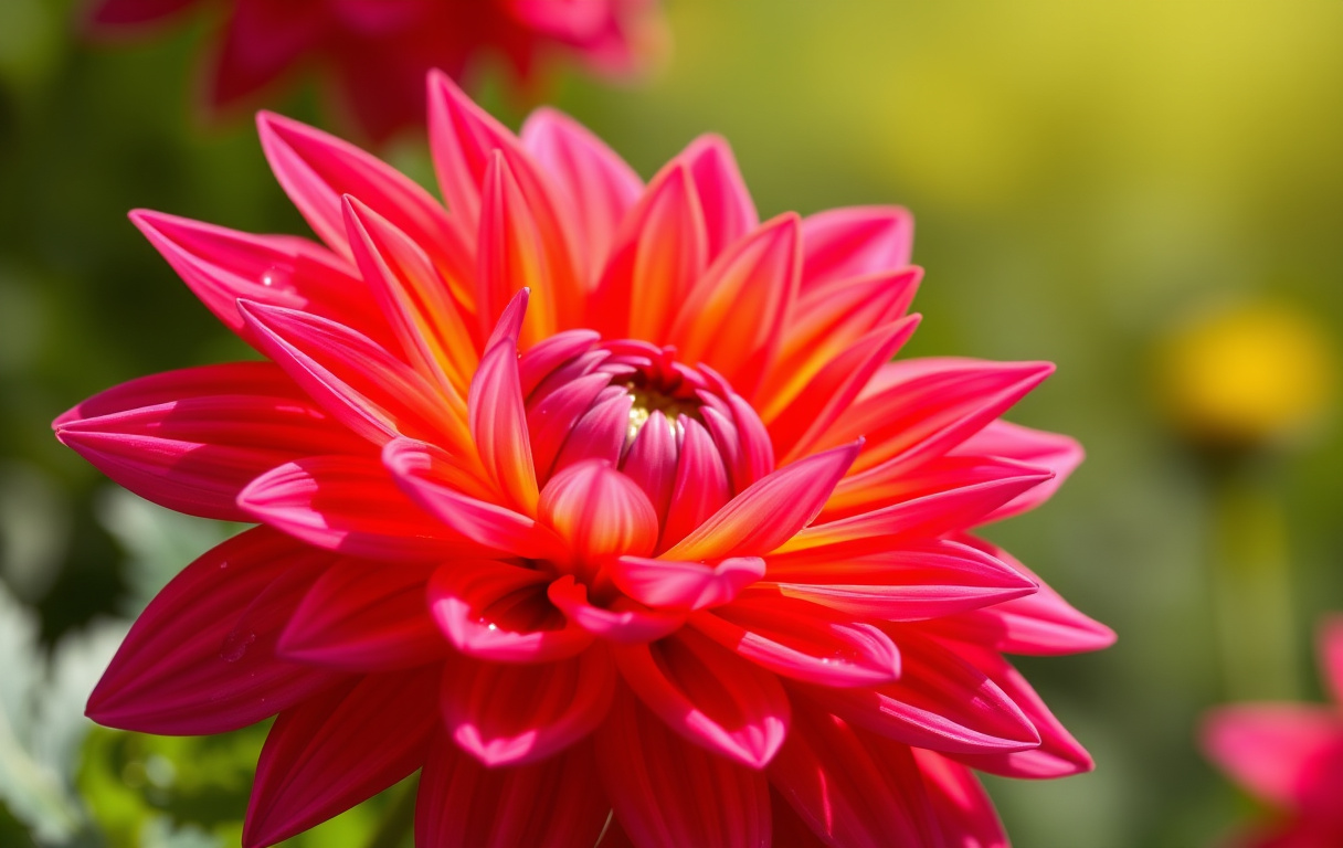 Närbild på en praktfull dahlia i rosa och orange med daggdroppar på kronbladen.