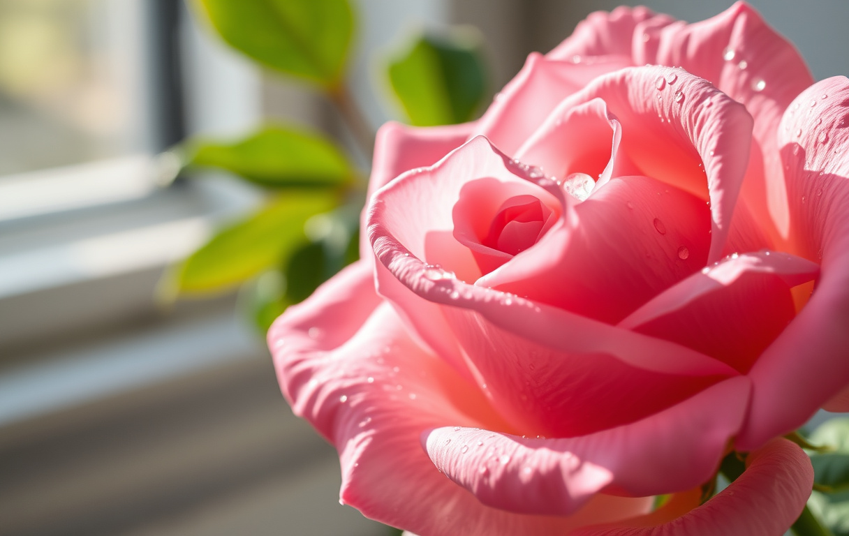Närbild på en doftande rosa ros med daggdroppar på kronbladen, mjukt morgonljus.