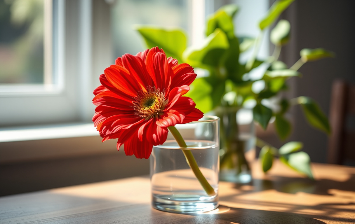 Närbild på en röd germini-blomma i en glasvas på ett träbord, med mjukt dagsljus och gröna blad i bakgrunden.