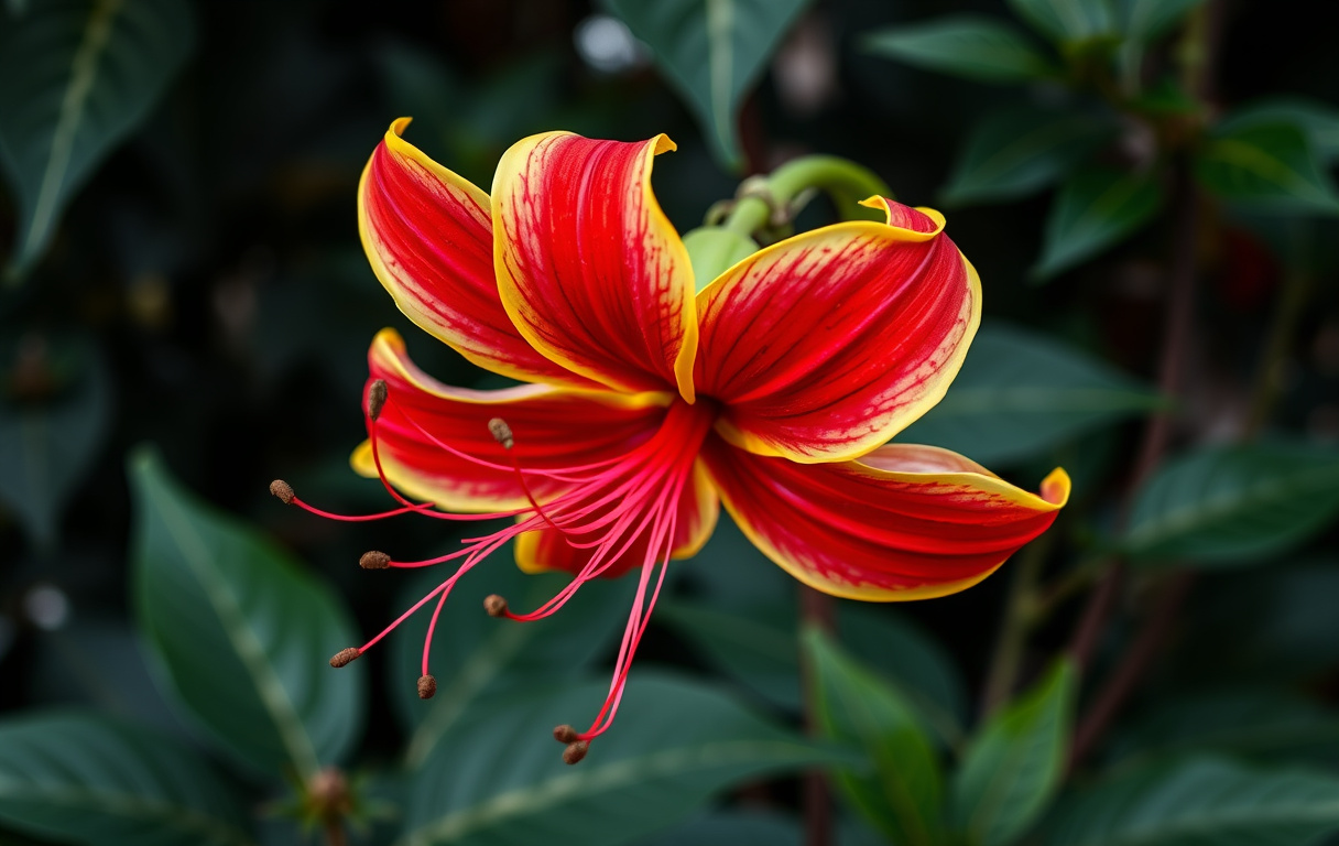 Närbild av en gloriosa-blomma med krimsonröda kronblad som böjer sig bakåt och gyllene kanter, mot en bakgrund av mörkgröna blad.