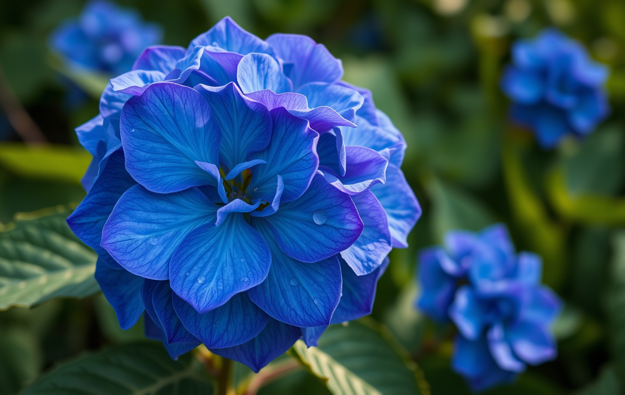 Närbild på ett blomhuvud av blå hortensia med daggdroppar på bladen, i mjukt morgonljus