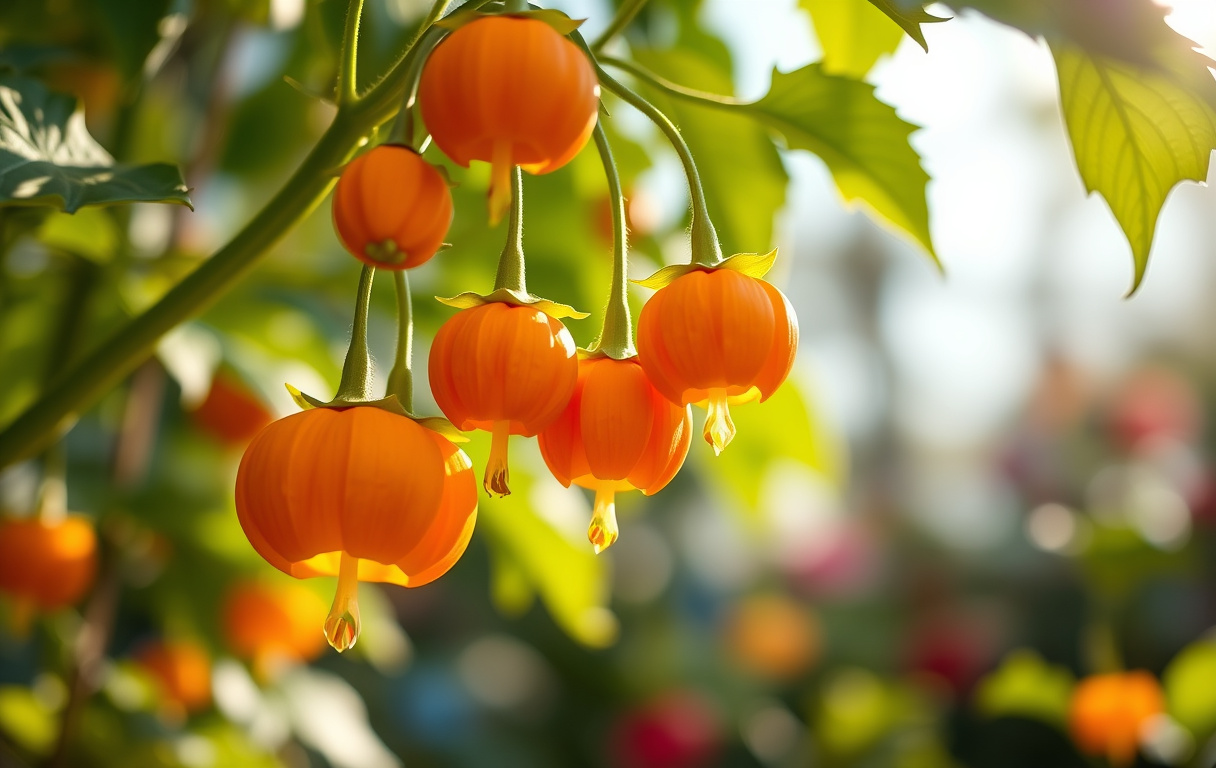 Närbild av japansk lykta med lysande orangeröda lyktor i soligt höstljus.