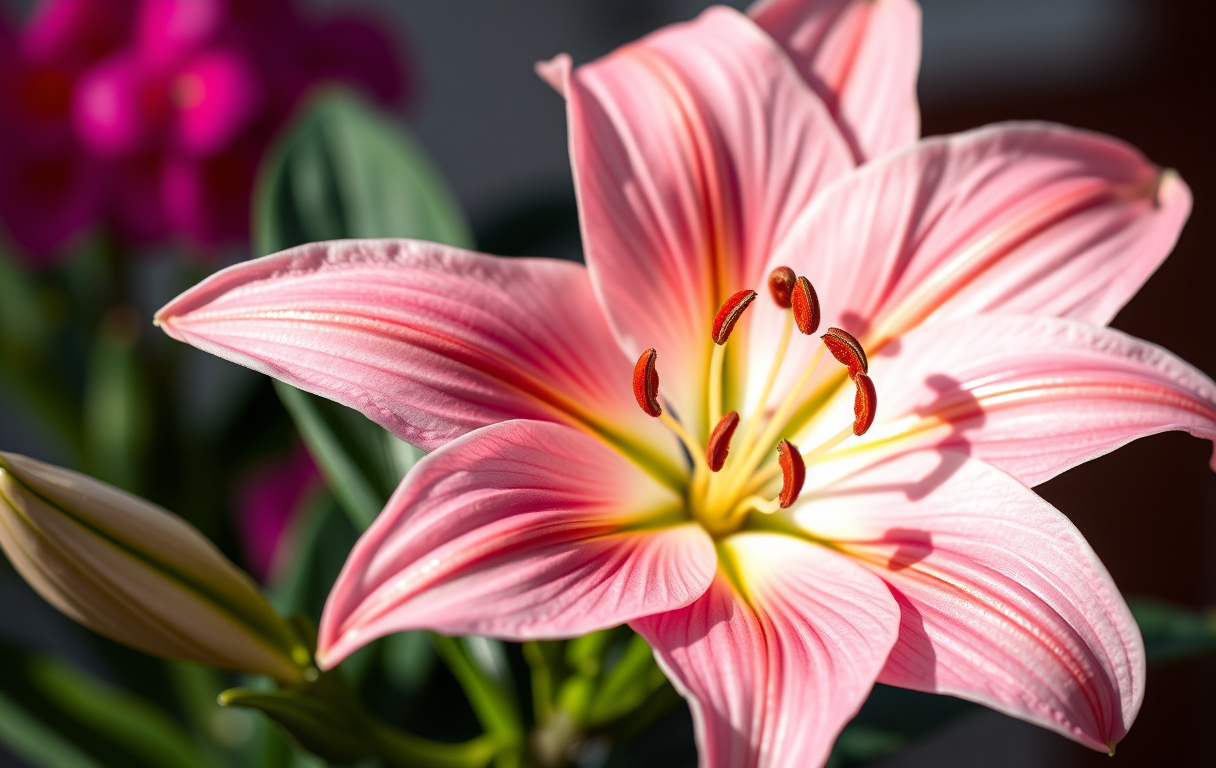 Närbild av en rosa orientalisk lilja i full blom med mörkgröna blad och oskarp bakgrund
