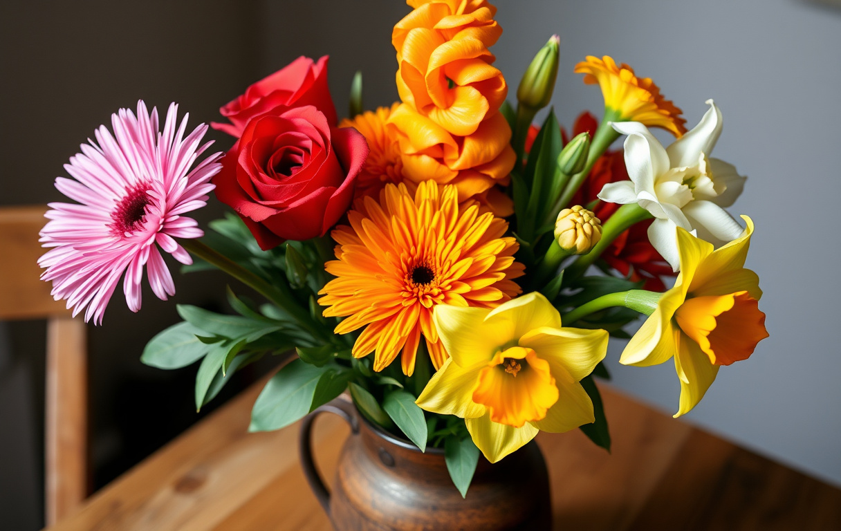 En fotorealistisk bukett med månadsblommor: aster, ros, gladiolus, ringblomma, krysantemum och påsklilja i en rustik vas på ett träbord.