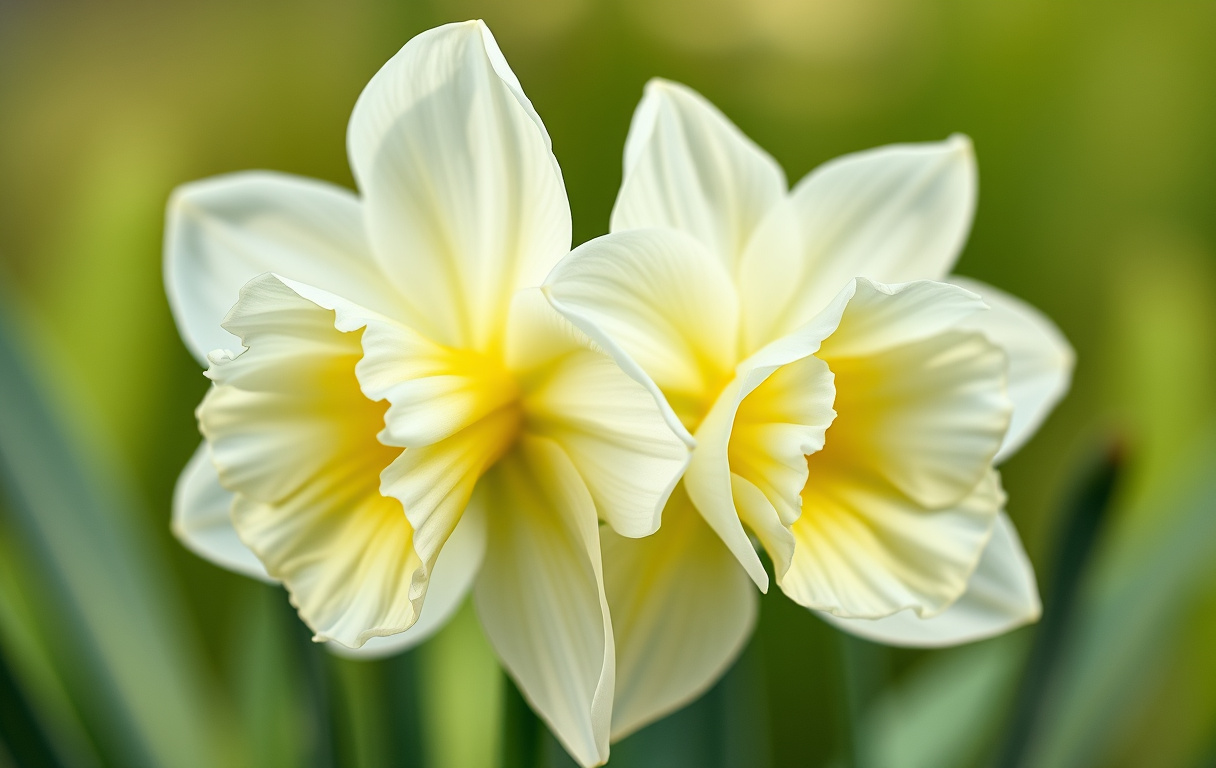 Närbild av en dubbel Narcissus 'Obdam' blomma med krämvita kronblad och gult centrum, fotorealistisk stil.