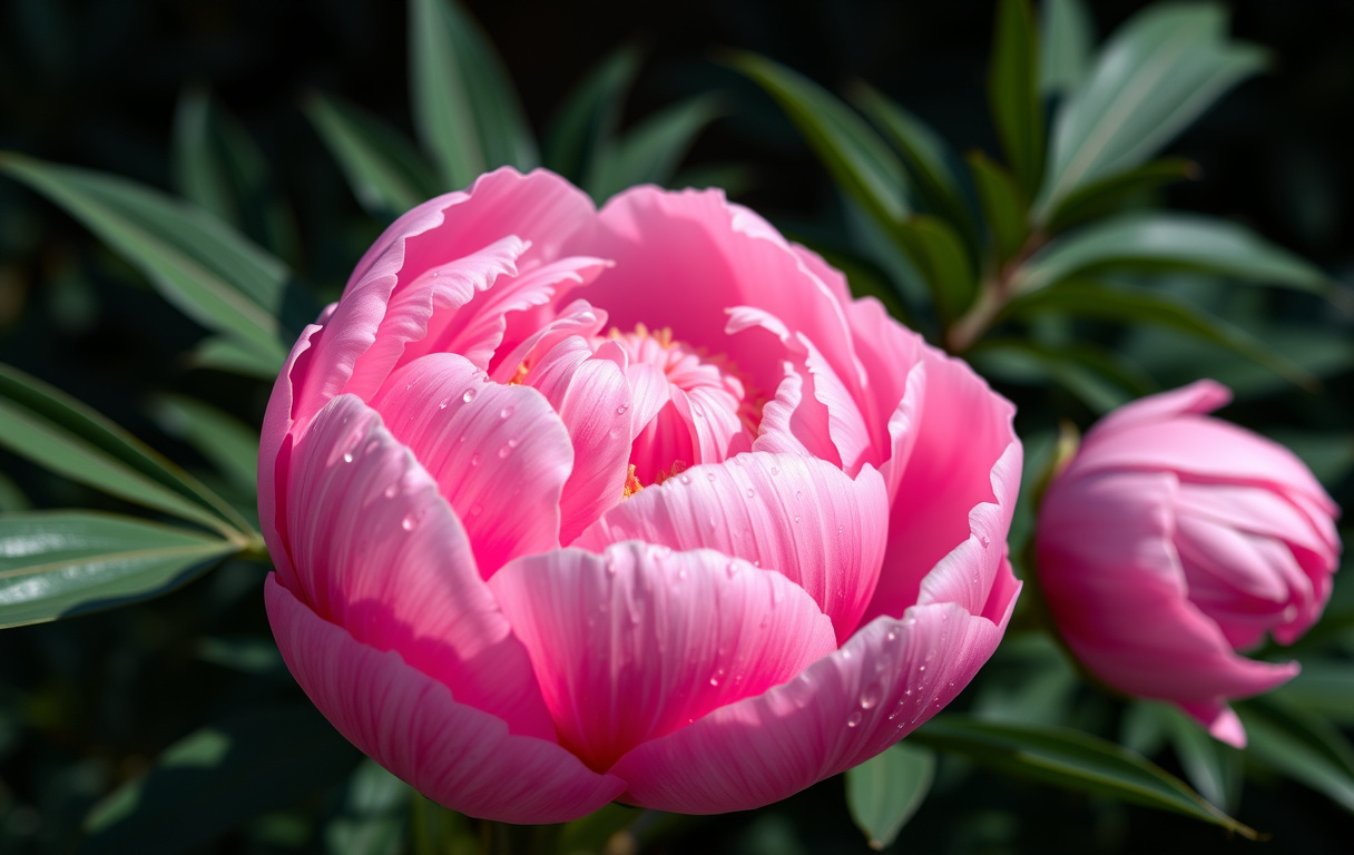 Närbild av en stor rosa pion i full blom med daggdroppar på kronbladen och mörkgröna blad i bakgrunden.