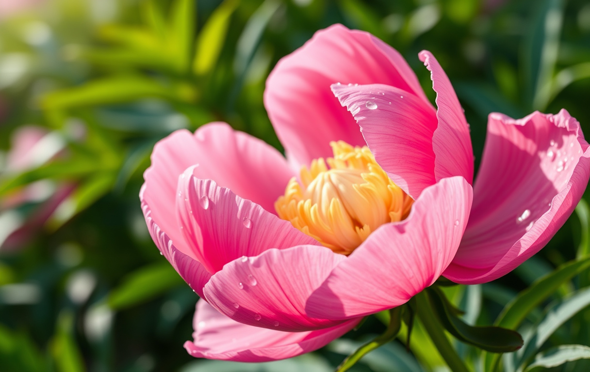 Närbild på en rosa pionblomma med daggdroppar på kronbladen, omgiven av gröna blad i mjukt morgonljus.