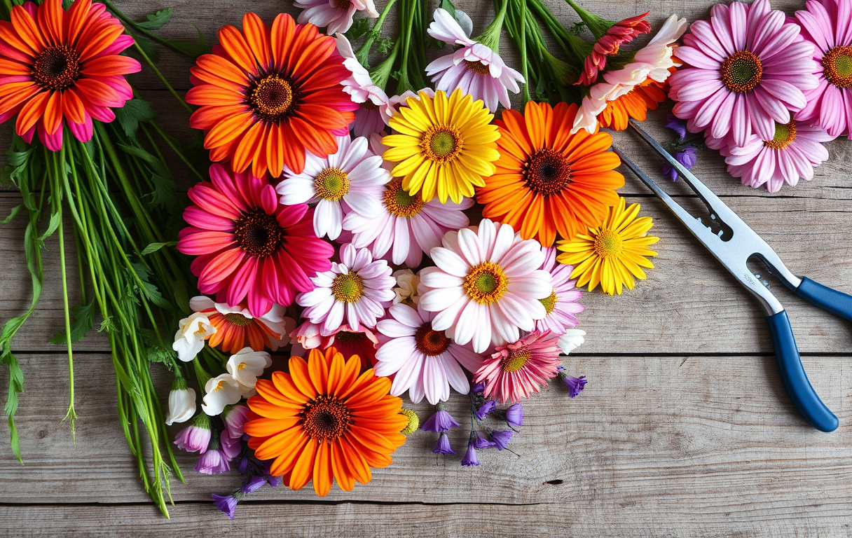 Närbild på ett urval av populära snittblommor från svenska trädgårdar: zinnia, rosenskära, luktärt, rudbeckia och riddarsporre på ett rustikt träbord.