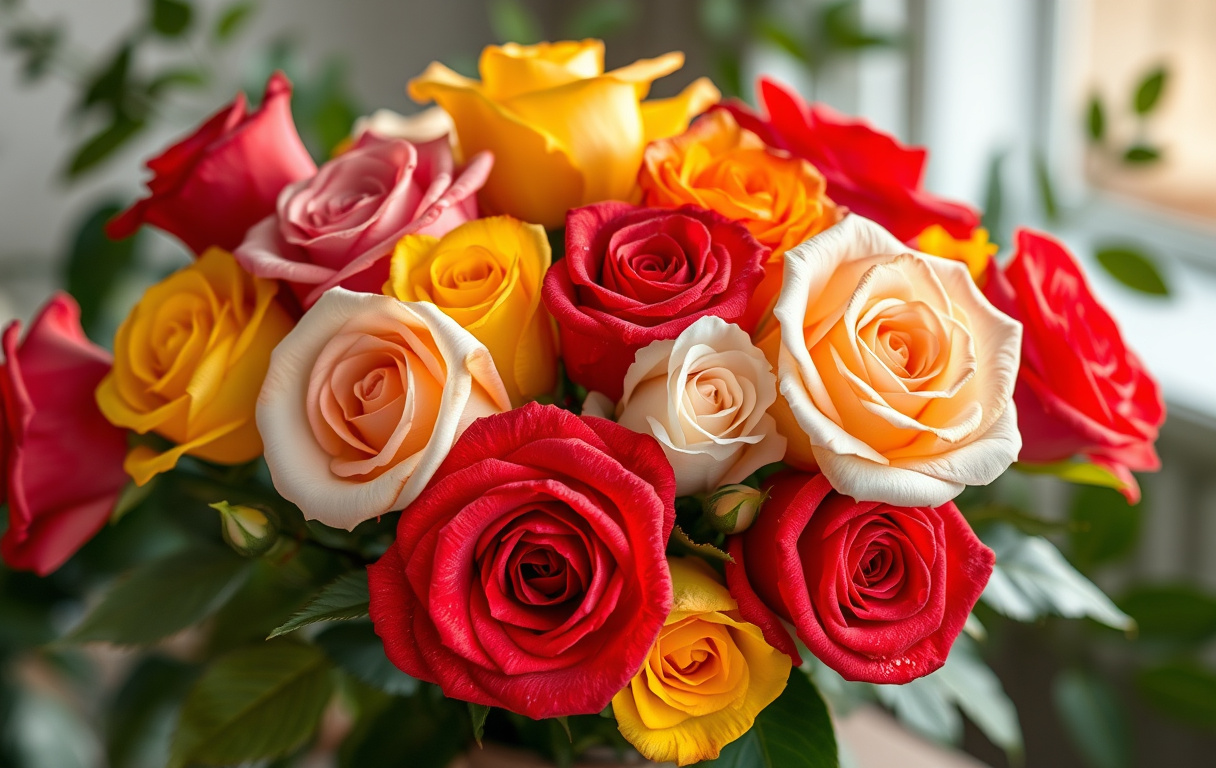 Bukett med rosor i olika färger – röd, rosa, gul, vit och orange – symboliserar kärlek, tacksamhet, vänskap, respekt och entusiasm.