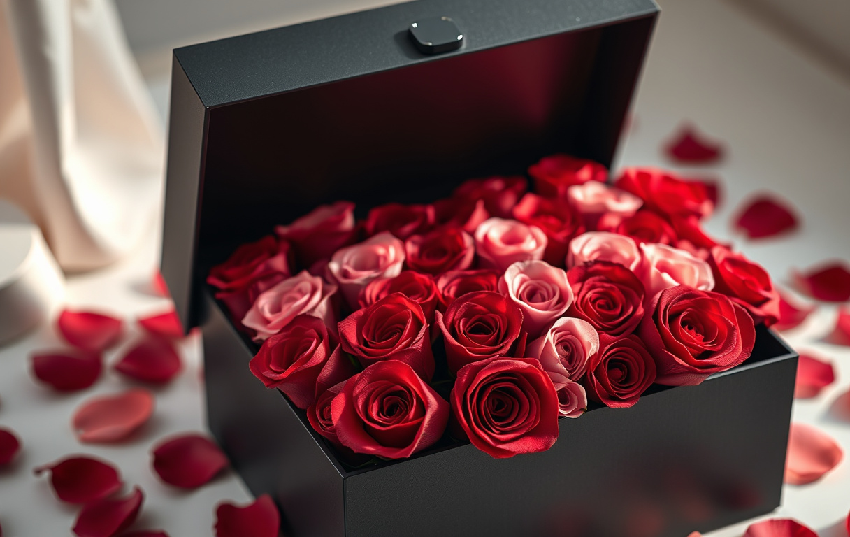 Närbild på en lyxig öppen presentbox med 36 evighetsrosor i rött och rosa, belyst med LED-lampor, omgiven av rosenblad.