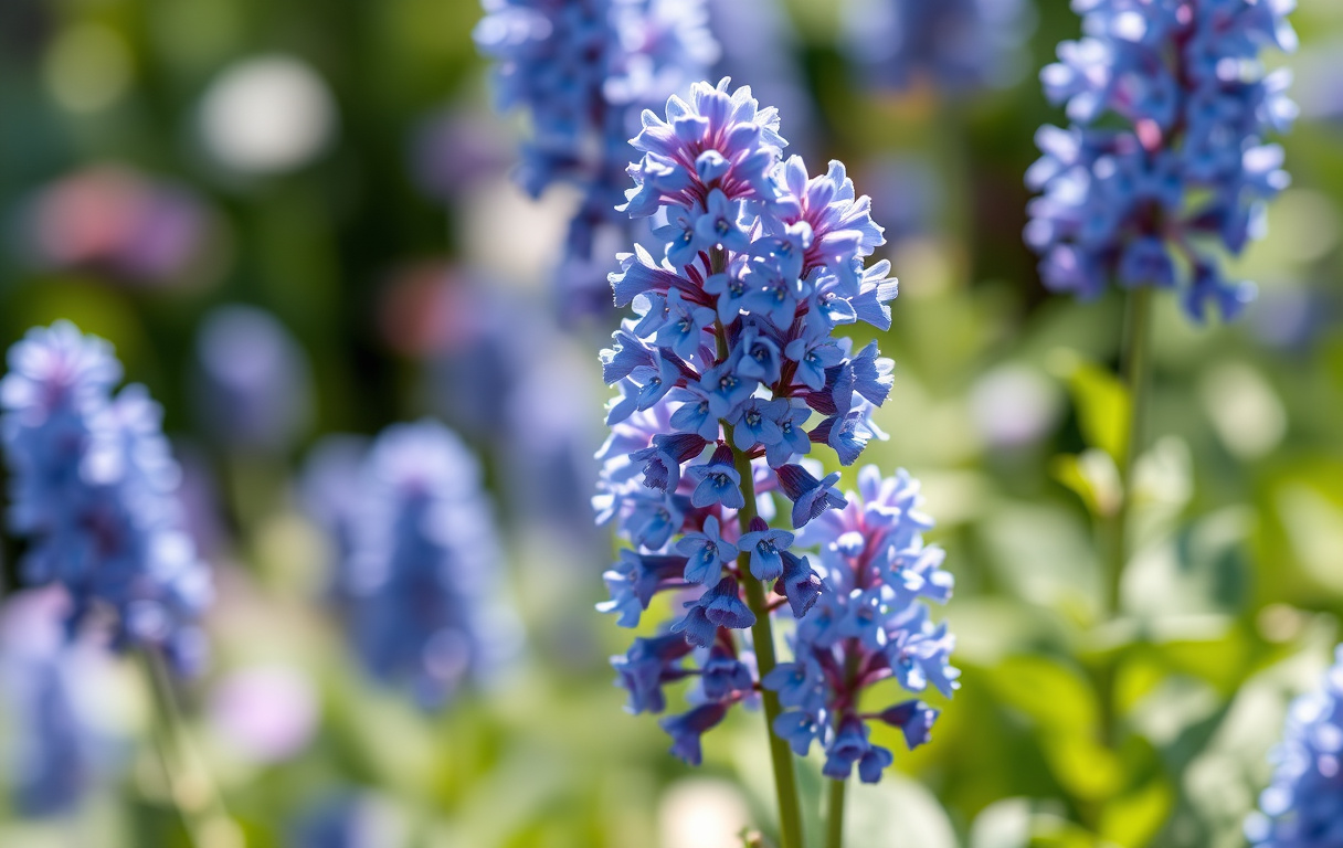 Närbild av sommarhalsört med blålila blommor i solsken.