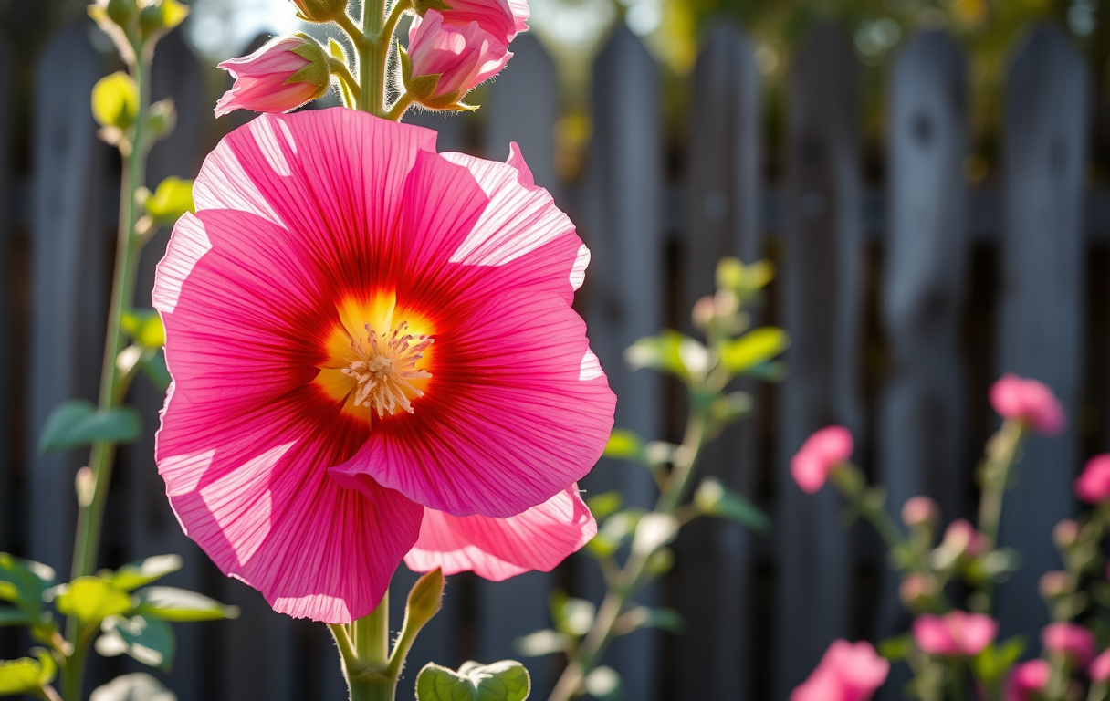 Närbild av en rosa stockros i full blomning i en solig trädgård med trästaket i bakgrunden