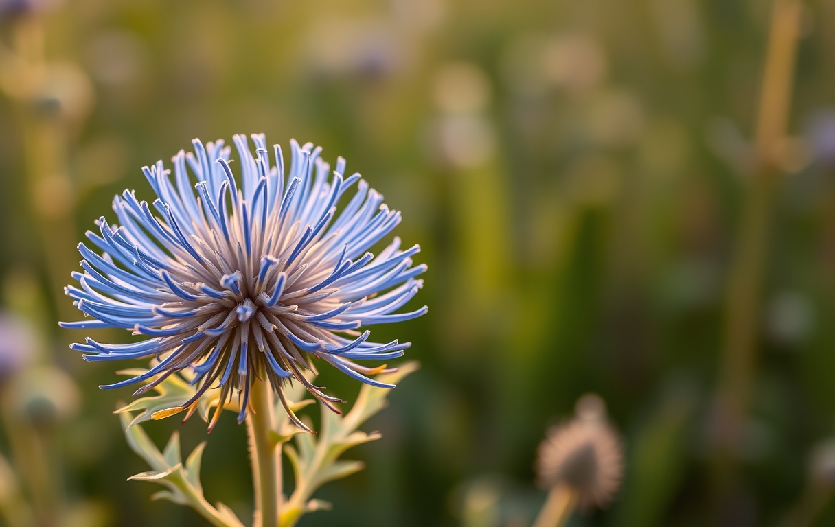 Närbild på blommande tistel med blå taggiga blomhuvuden och silvrigt gröna blad i en sommaräng.