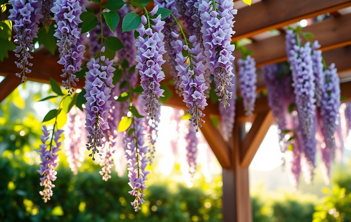 Närbild på blommande blåregn med lavendelblå klasar som hänger från en träpergola i morgonljus.