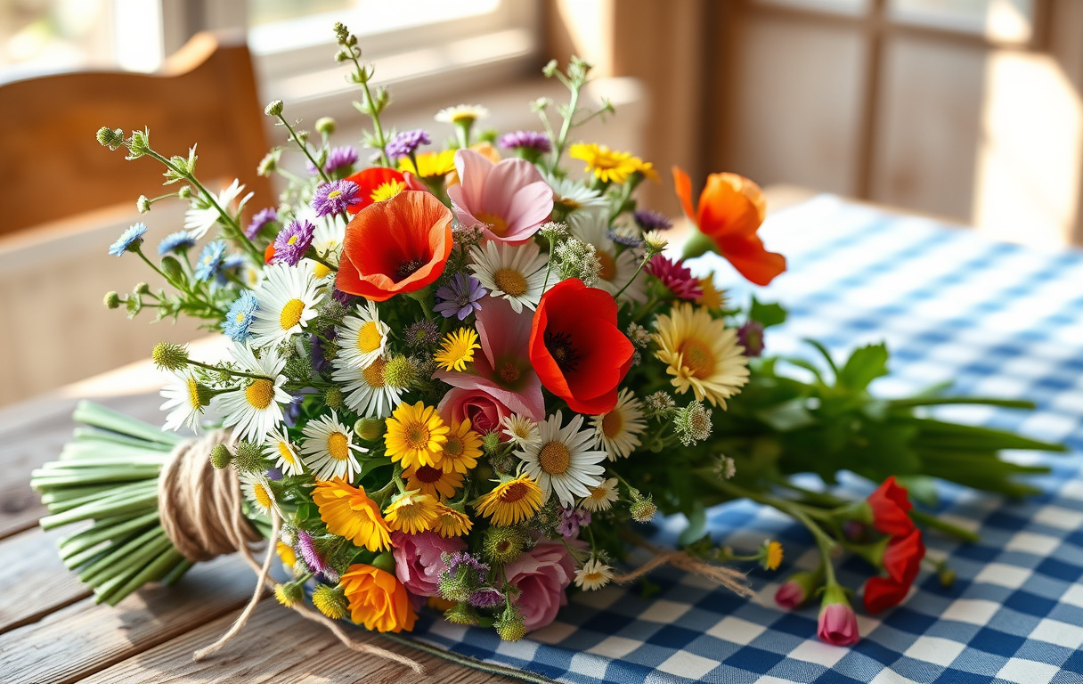 En fotorealistisk bild av en traditionell svensk midsommarbukett med sju sorters vildblommor, bundna med naturlig jutesnöre, placerad på ett rustikt träbord med blåvit rutig duk, i mjukt morgonljus.