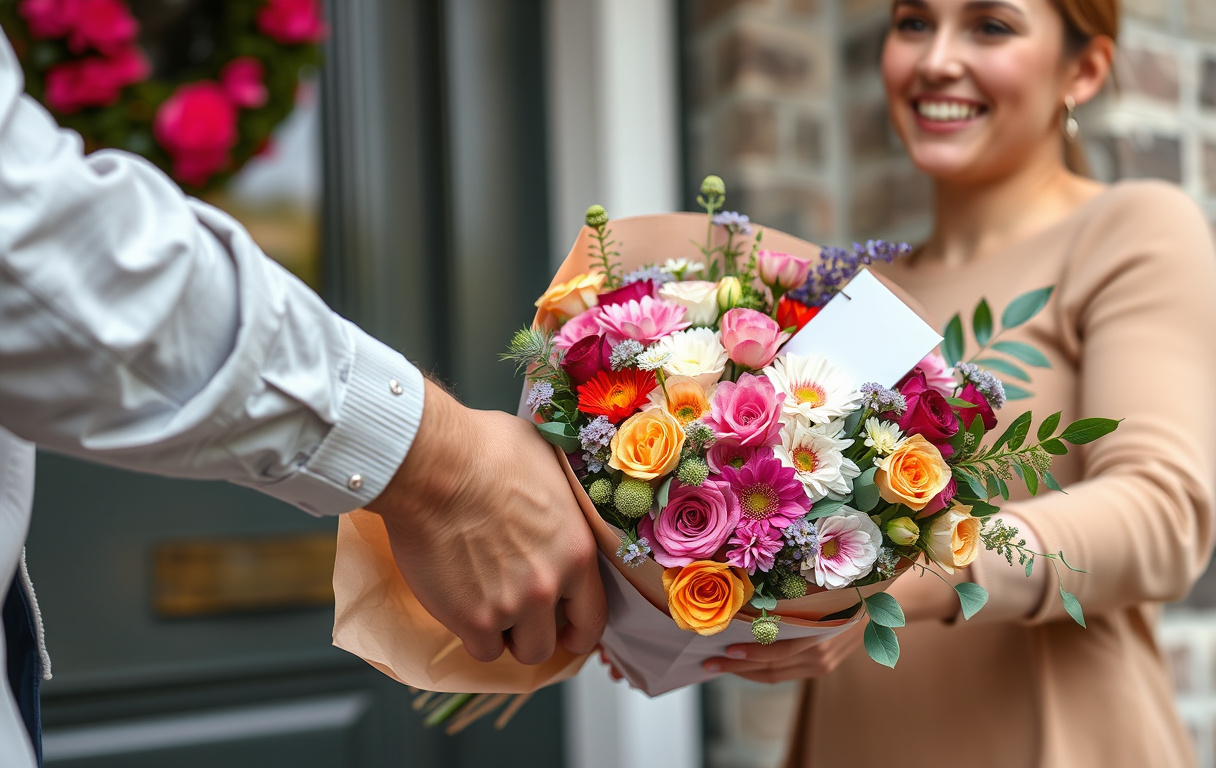 Ett blomogram levereras av ett blombud till en glad mottagare vid en ytterdörr, med en personlig hälsning på kortet.