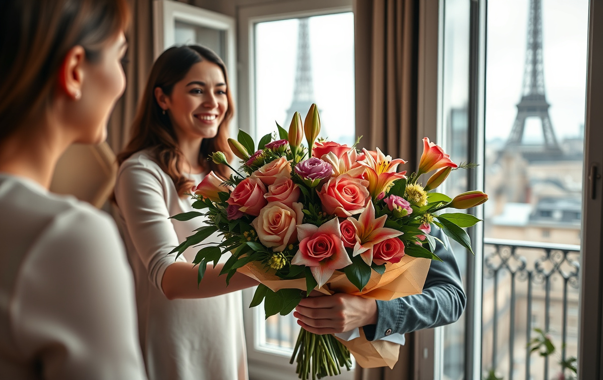 En florist överlämnar en vacker bukett rosor och liljor till en leende kvinna i en fransk lägenhet med utsikt mot Eiffeltornet.