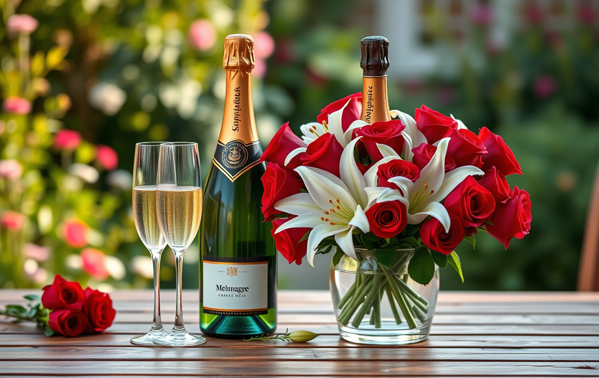 Lyxigt gåvopaket med röda rosor, vita liljor och en flaska champagne på ett träbord i trädgårdsmiljö.