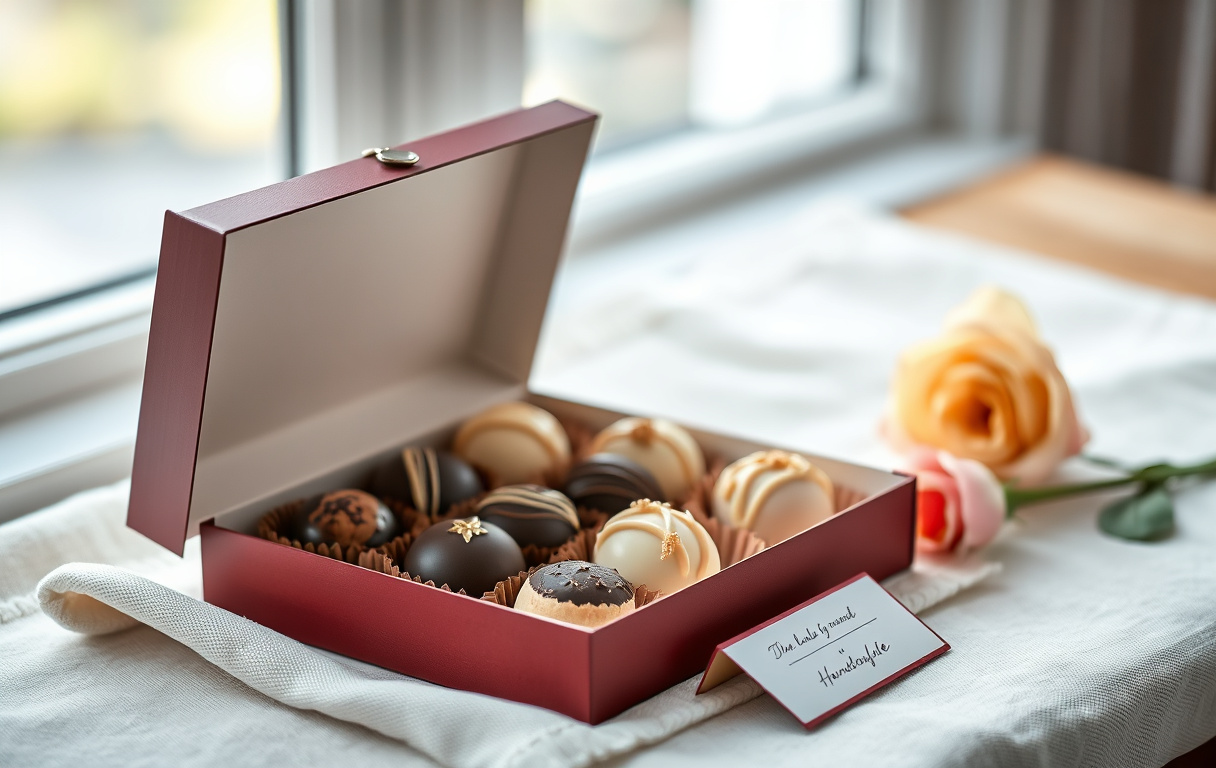 Chokladpraliner i en presentask med mörk, mjölk och vit choklad, dekorerad med en ros och ett kort.