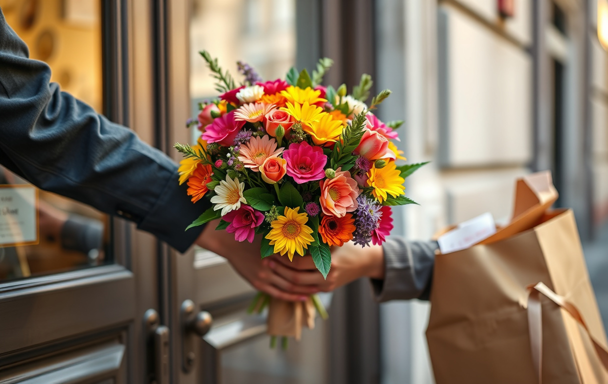 Blombud från Interflora International som överlämnar en färsk blandad bukett till en glad mottagare vid ytterdörren utomlands
