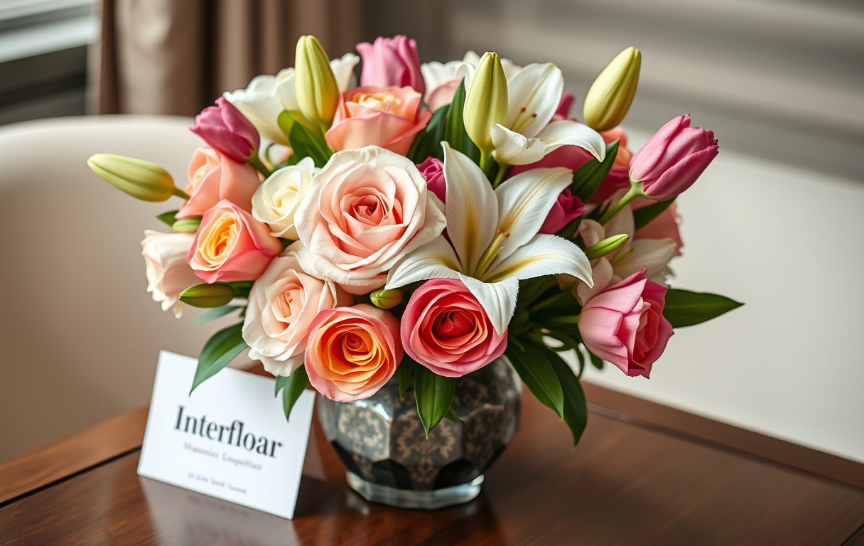 Bukett med rosor och tulpaner bredvid ett Interflora presentkort
