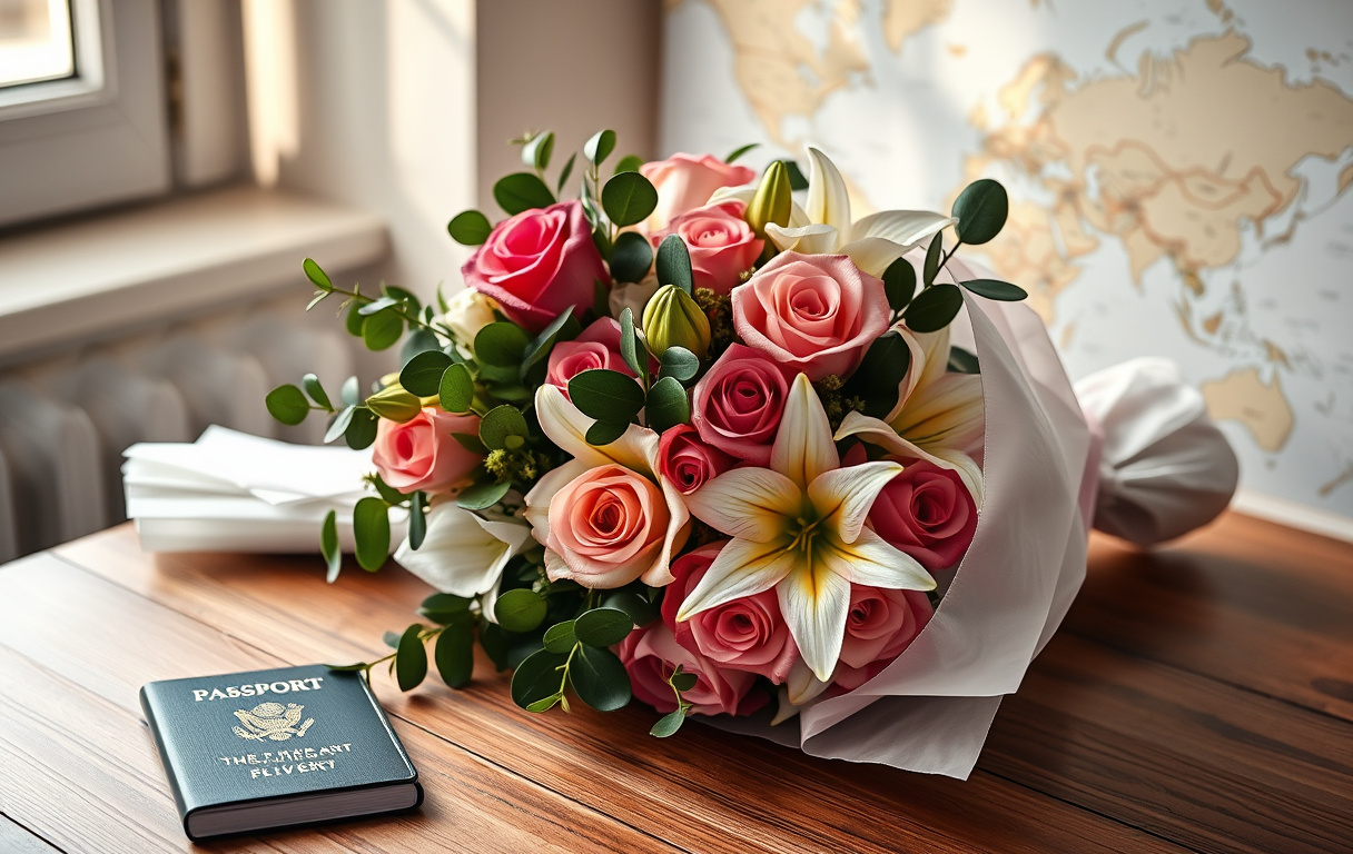 En fotorealistisk bild av en vackert inslagen bukett med blandade blommor, bredvid ett pass och en världskarta, som symboliserar att skicka blommor utomlands.